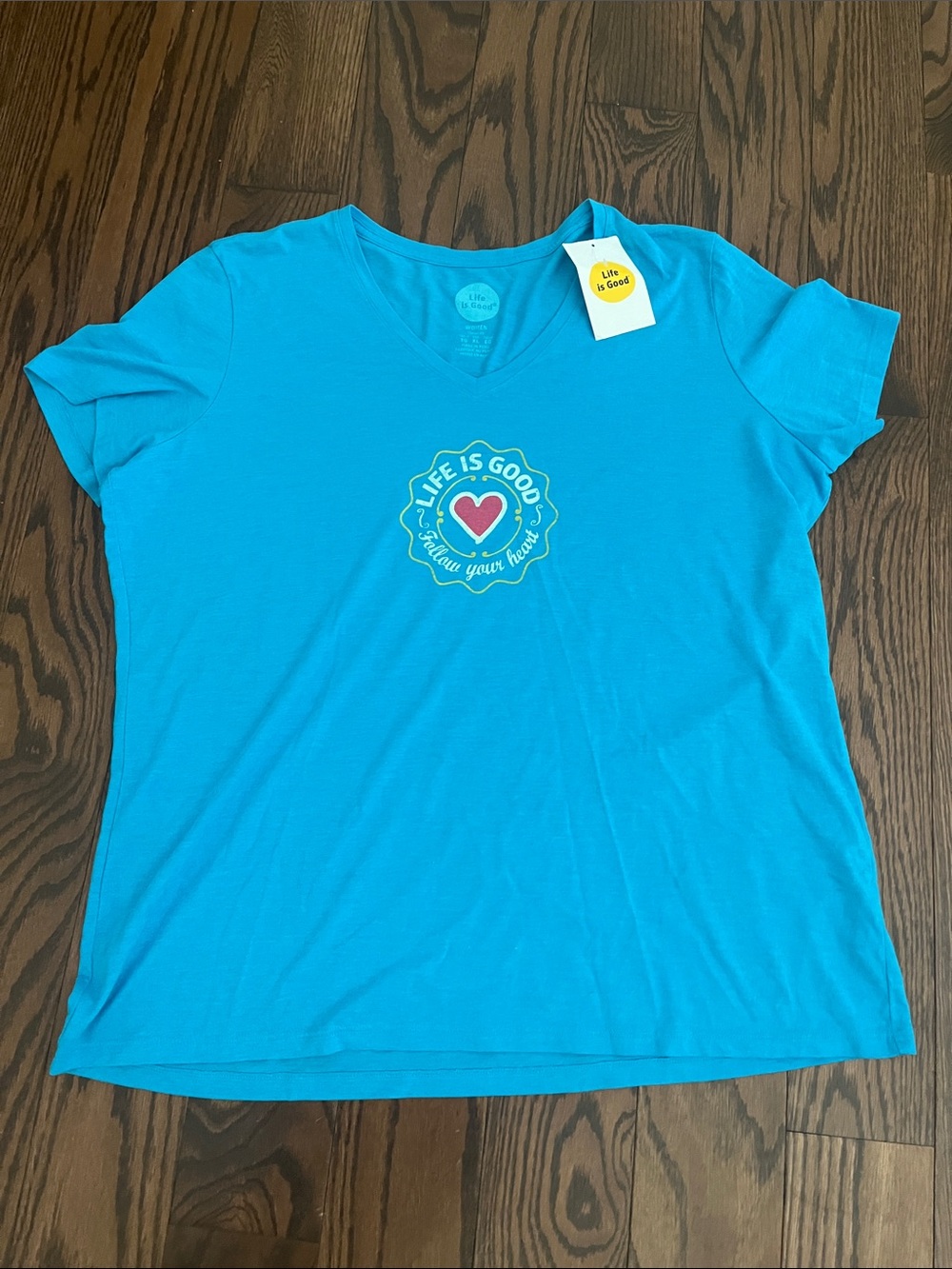 Life Is Good Women's V-Neck Tee - Turquoise Blue with Heart Logo